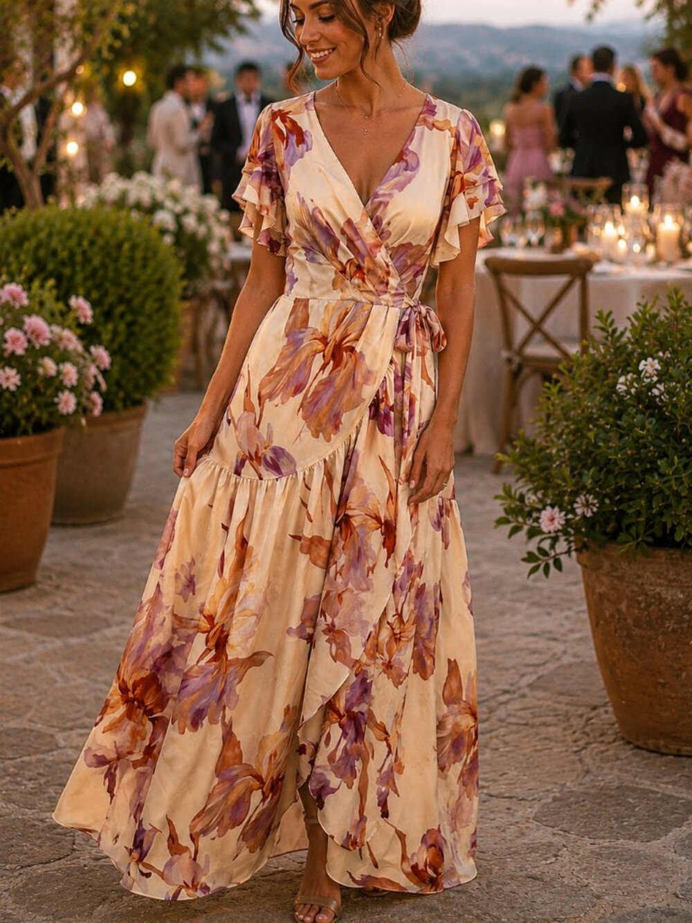 NWT Fate Floral Print Satin Ruffled Asymmetrical Tiered Seam Maxi Wrap Dress – C